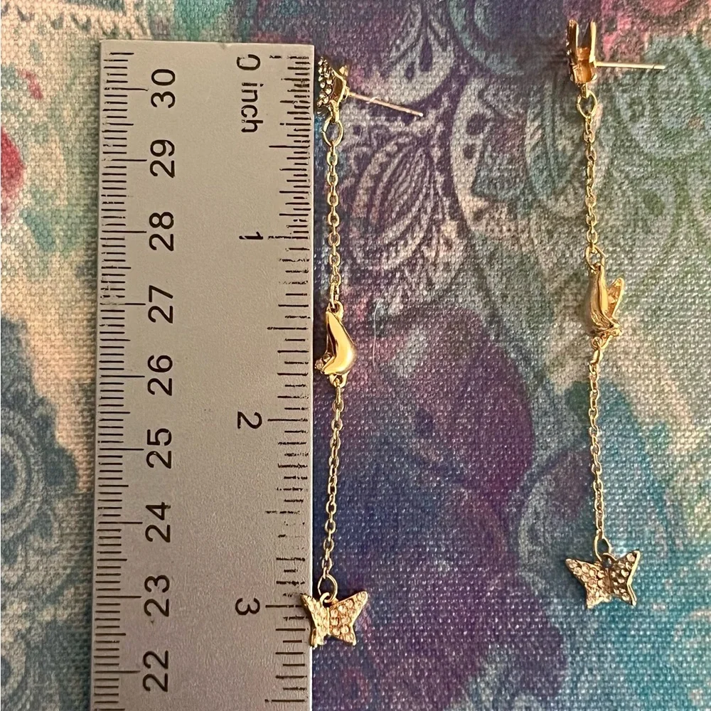 Gold 3 Inch Long Dangle Boho Butterfly Earrings With Crystal Gemstones~ New - Picture 8 of 8